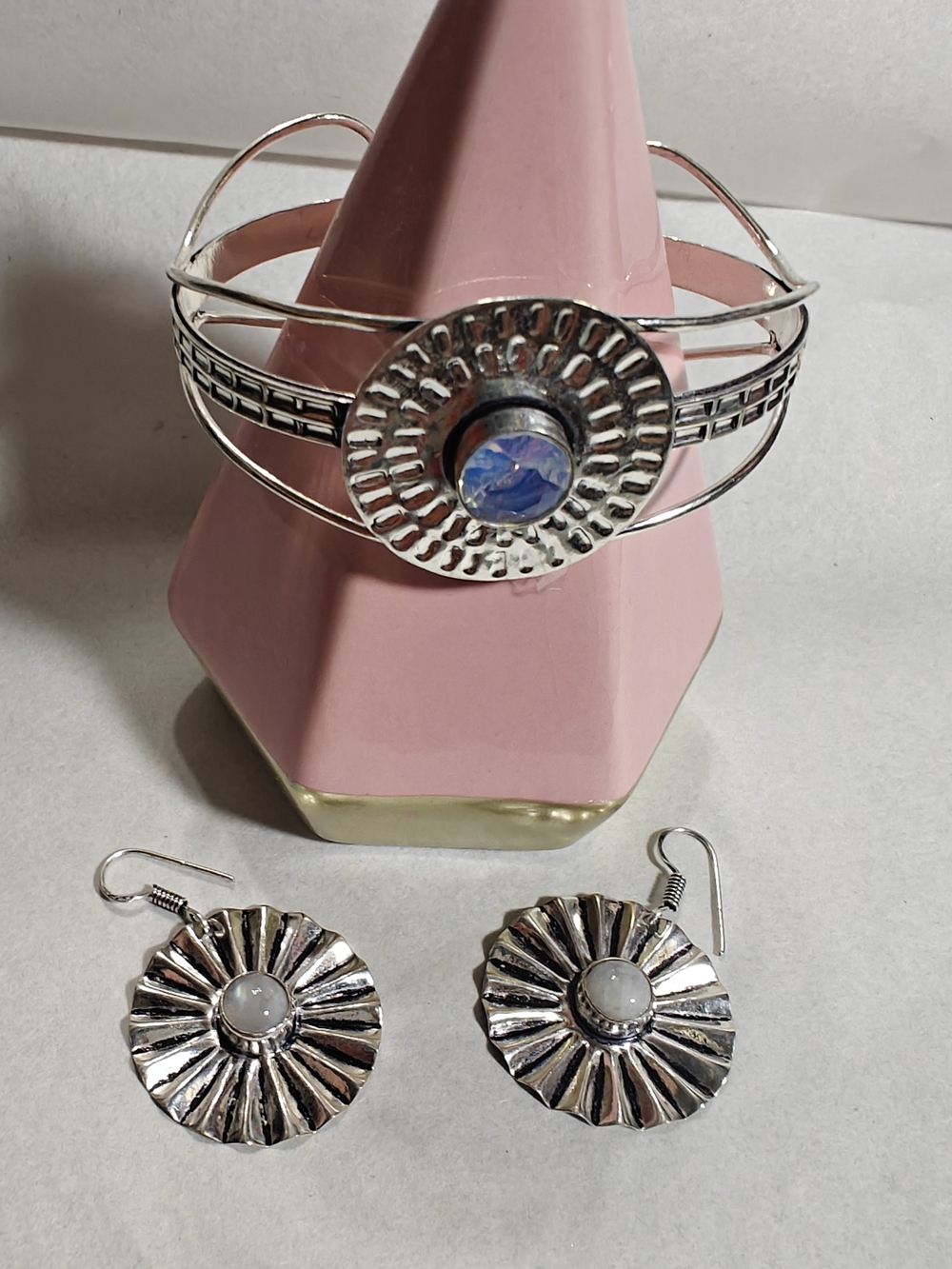 925 Silver Sunburst Bracelet & Earring Set with Opalite and Moonstone Artisan